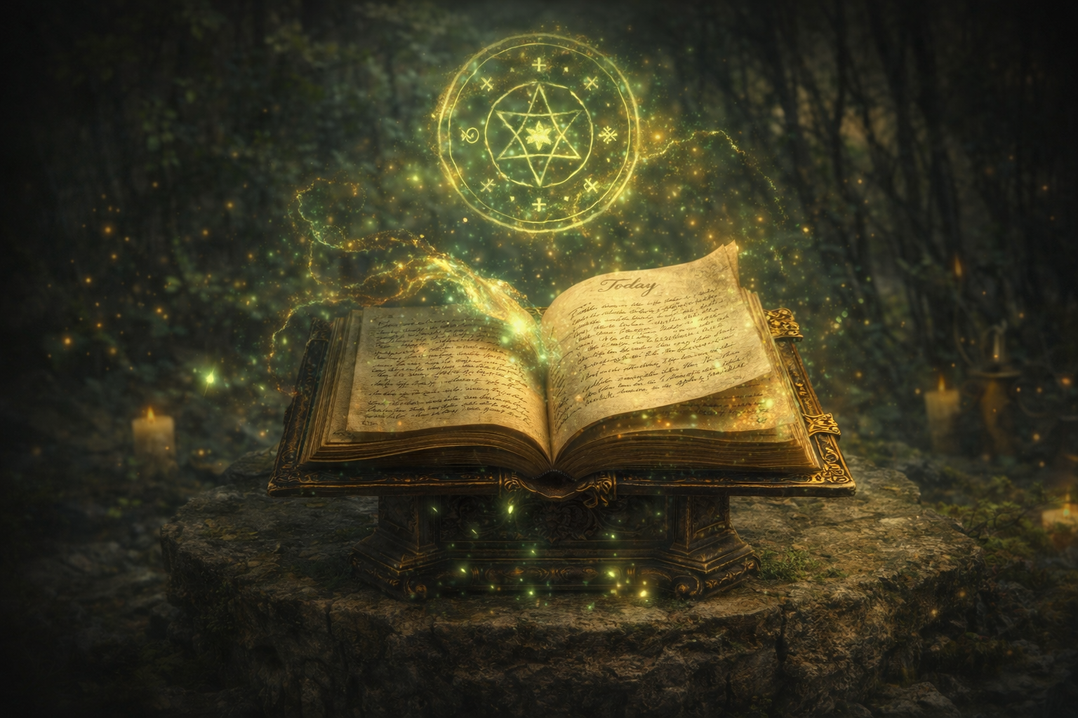 Spellbook opened, pages glowing